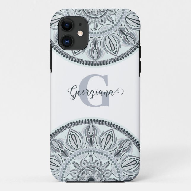 Custom Name Floral Harmony Grey Monotone Mandala Case-Mate iPhone Case (Back)