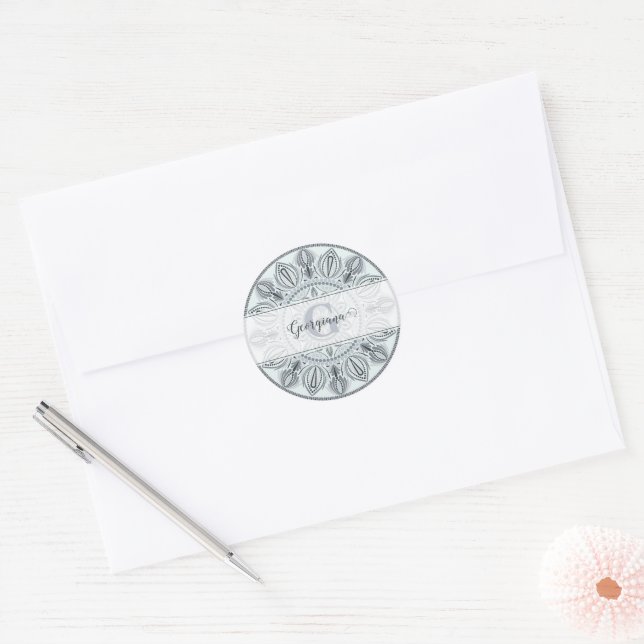 Custom Name Floral Harmony Grey Monotone Mandala Classic Round Sticker (Envelope)
