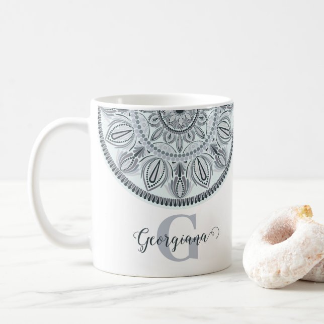 Custom Name Floral Harmony Grey Monotone Mandala Coffee Mug (With Donut)