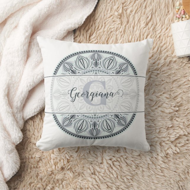 Custom Name Floral Harmony Grey Monotone Mandala Cushion (Blanket)