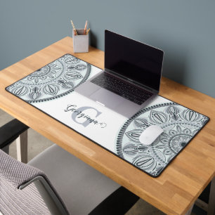 Custom Name Floral Harmony Grey Monotone Mandala Desk Mat