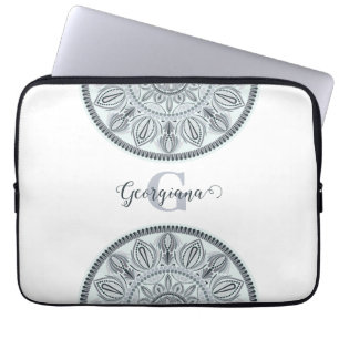 Custom Name Floral Harmony Grey Monotone Mandala Laptop Sleeve