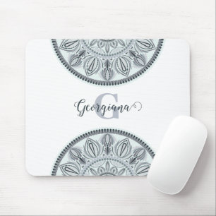 Custom Name Floral Harmony Grey Monotone Mandala Mouse Pad