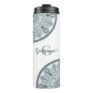 Custom Name Floral Harmony Grey Monotone Mandala Thermal Tumbler