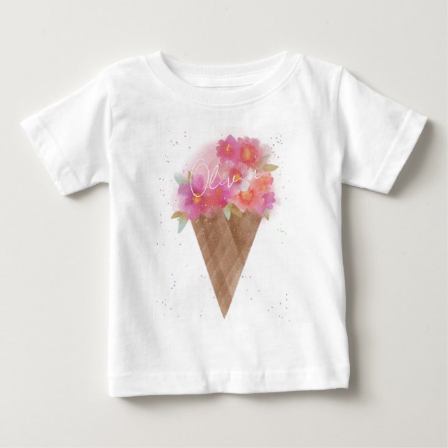 Custom Name Floral Ice Cream Cone  Baby T-Shirt (Front)