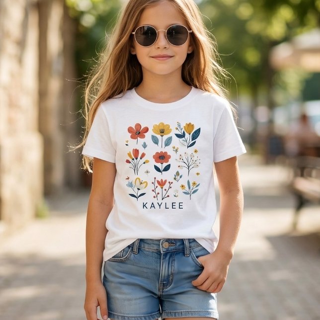 Custom Name Floral Kids Shirt, Birthday Gift Girls T-Shirt (floral kids t shirt gift, spring flower toddler shirt gift, custom name kids birthday shirt)