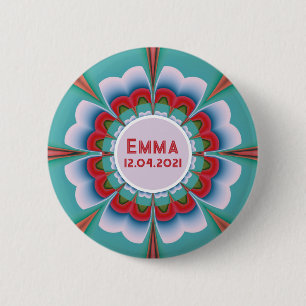 Custom Name Floral Mandala Birth Date Art 6 Cm Round Badge