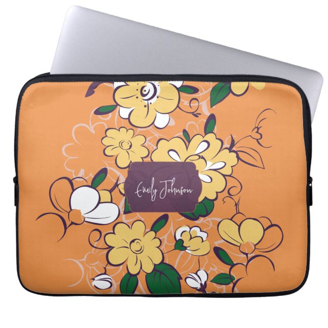 Custom Name Floral Pattern Orange Yellow White Laptop Sleeve (Front)