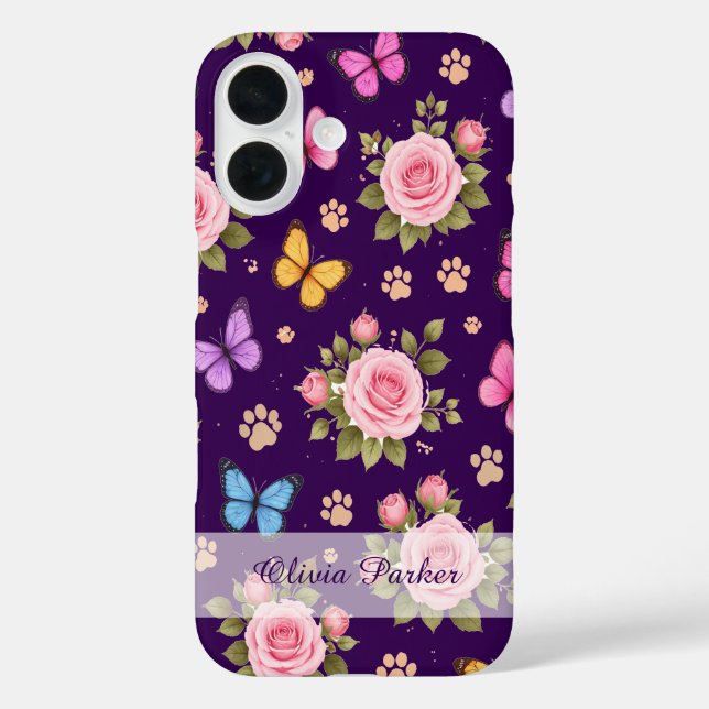 Custom Name Floral Paw Print Phone Case  (Back)