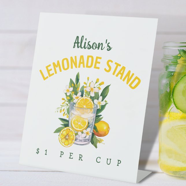 Custom Name Floral Summer Yellow Lemonade Stand Pedestal Sign (Creator Uploaded)