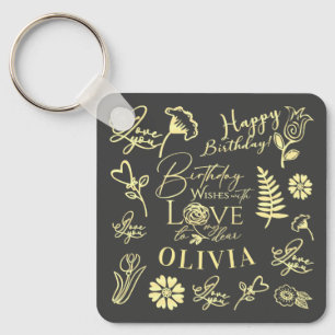 Custom Name Floral Typography Birthday Loved Ones Key Ring