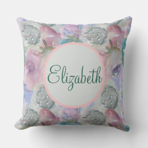 Custom Name Floral Watercolor Pastel Throw Pillow
