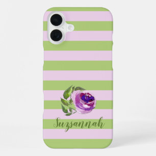 Custom Name Floral Watercolor Rose Pastel Stripes iPhone 16 Plus Case