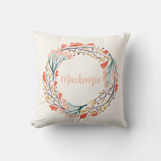 Custom Name Floral Watercolor Wreath Cushion