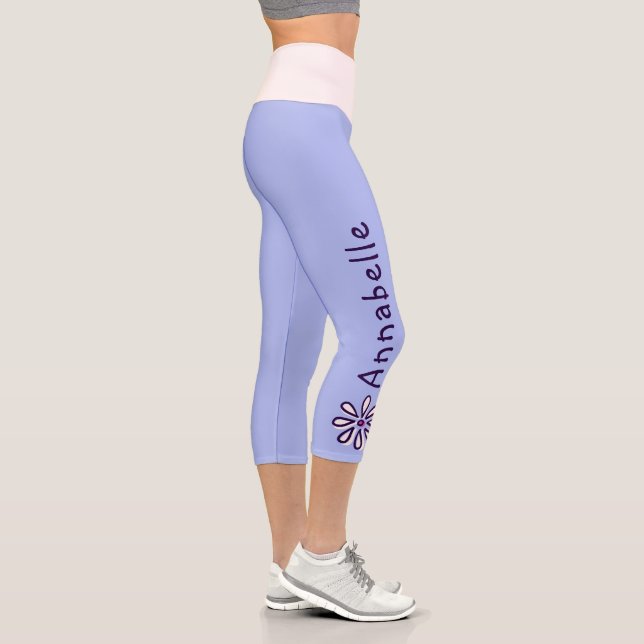 Custom Name - Flower Doodle - Solid Periwinkle Capri Leggings (Right)
