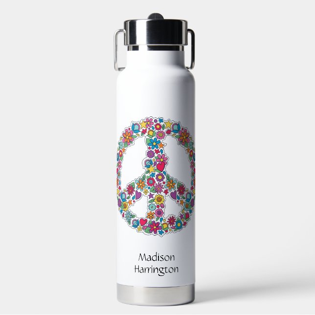 Custom Name Flower Peace Sign Water Bottle (Front)