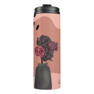 Custom Name Flower Vase with black flowers pink  Thermal Tumbler
