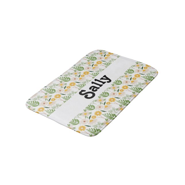 Custom name flowers and leaves on white bath mat (Angled)