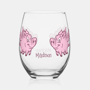 Custom Name Flying Pigs Stemless Wine Glass
