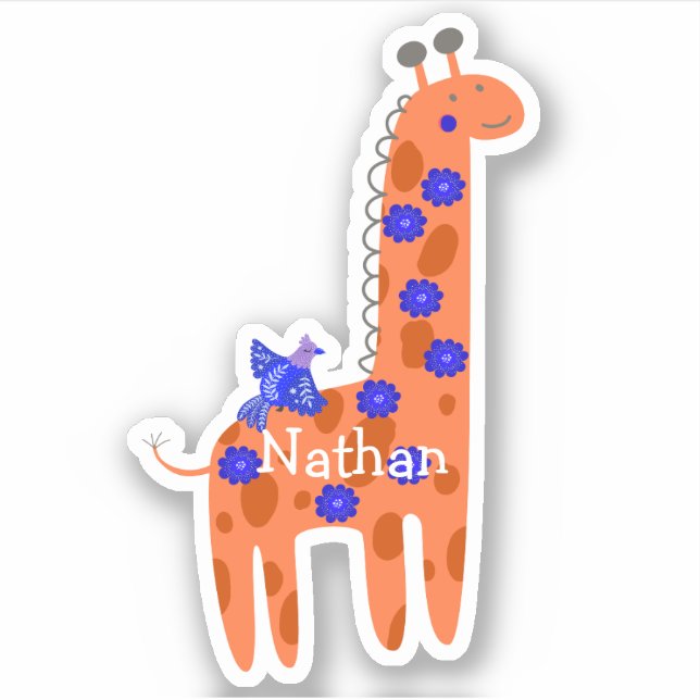 Custom Name Folk Giraffe Bird Orange Blue Laptop (Front)
