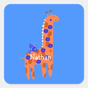 Custom Name Folk Giraffe Bird Orange Blue Square Sticker
