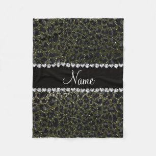 Custom name forest green glitter leopard print fleece blanket