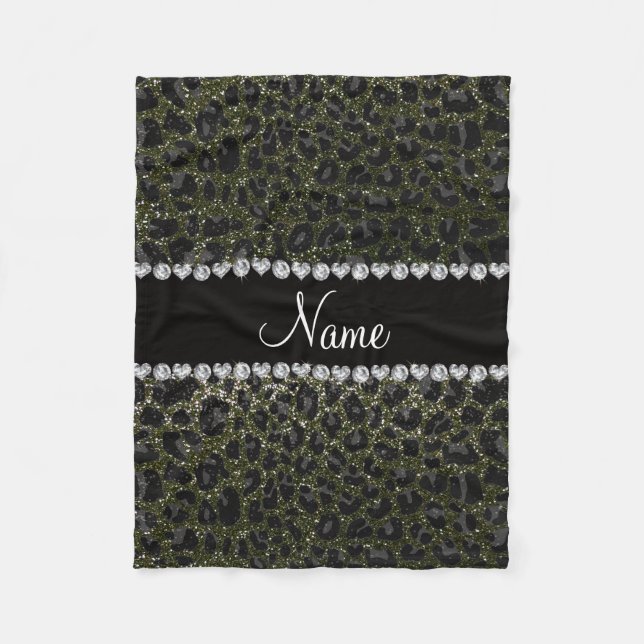 Custom name forest green glitter leopard print fleece blanket (Front)