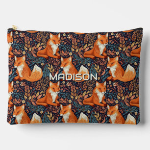 Custom Name Foxes and Leafs Pattern Accessory Pouch