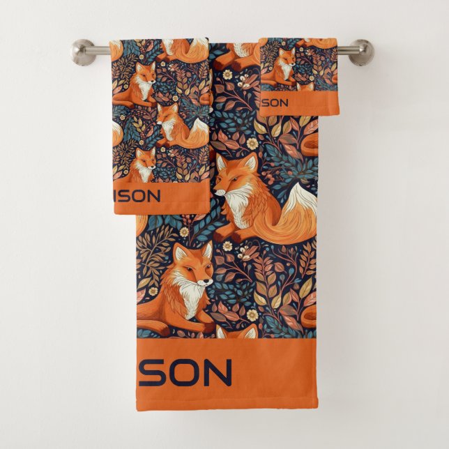 Custom Name Foxes and Leafs Pattern Bath Towel Set (Insitu)