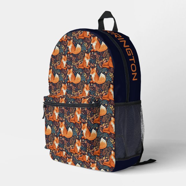 Custom Name Foxes and Leafs Pattern Printed Backpack (Back Corner Right)