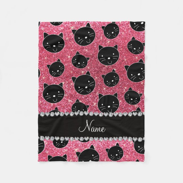 Custom name fuchsia pink glitter black cat faces fleece blanket (Front)