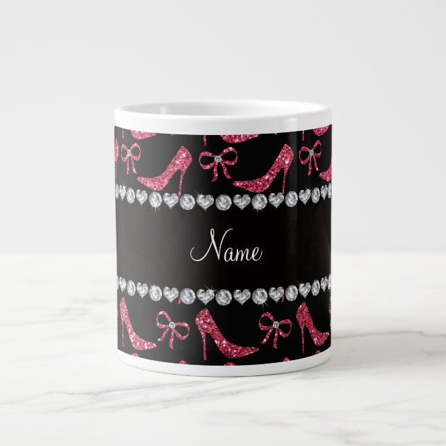 Custom name fuchsia pink glitter high heels bow large coffee mug (Front)