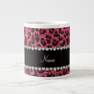 Custom name fuchsia pink glitter leopard print large coffee mug