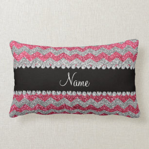 Custom name fuchsia pink silver glitter chevrons lumbar cushion
