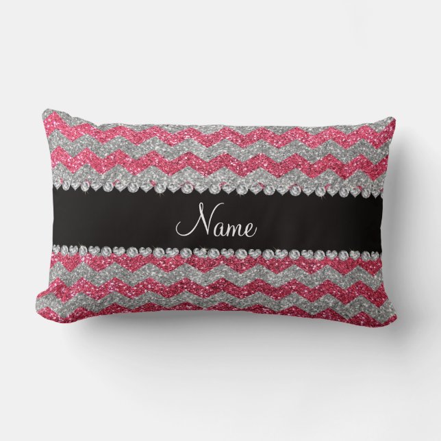 Custom name fuchsia pink silver glitter chevrons lumbar cushion (Front)