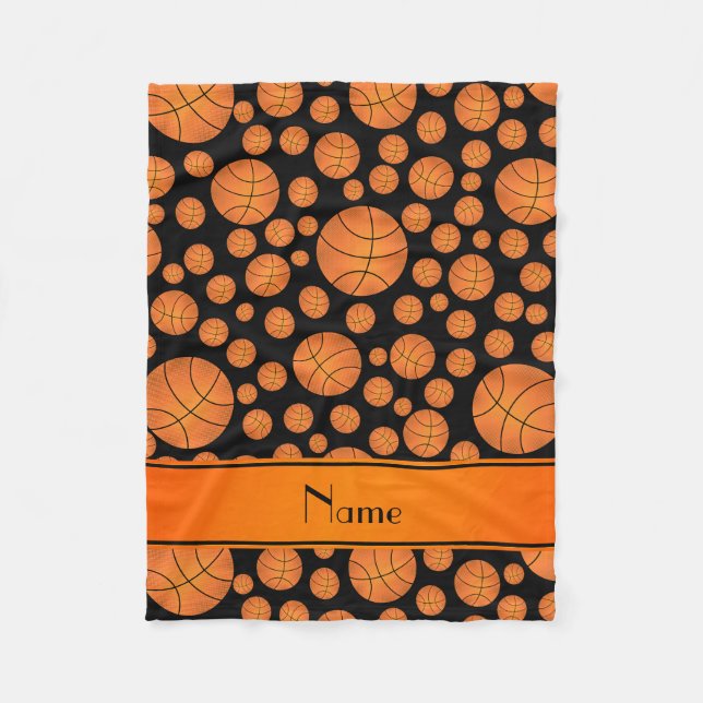 Custom name fun black basketballs orange stripe fleece blanket (Front)