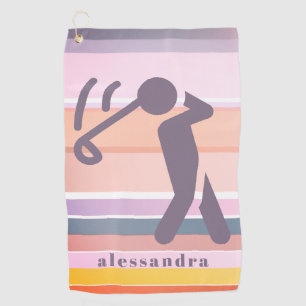 Custom Name Fun Cute Girly Pastel Stripes Purple Golf Towel