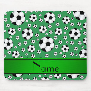 Custom name fun green soccer balls green stripe mouse pad