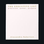 Custom Name Fun List Lover Pastel Pink Minimalist Notepad<br><div class="desc">Fun stylish chic minimalist premium look personalised notepad for the unapologetic list maker. Delicate elegant pastel pink feminine girly background and classy golden and maroon brown typography. Add your name and custom text, for example the fun phrase saying quote THE EXECUTIVE LIST, that resonates so well with some of us,...</div>