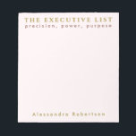 Custom Name Fun List Lover Pastel Pink Minimalist  Notepad<br><div class="desc">Fun stylish chic minimalist premium look personalised notepad for the unapologetic list maker. Delicate elegant pastel pink feminine girly background and classy golden and maroon brown typography. Add your name and custom text, for example the fun phrase saying quote THE EXECUTIVE LIST, that resonates so well with some of us,...</div>