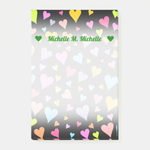Custom Name + Fun, Loving, Colourful Hearts Patter Post-it Notes