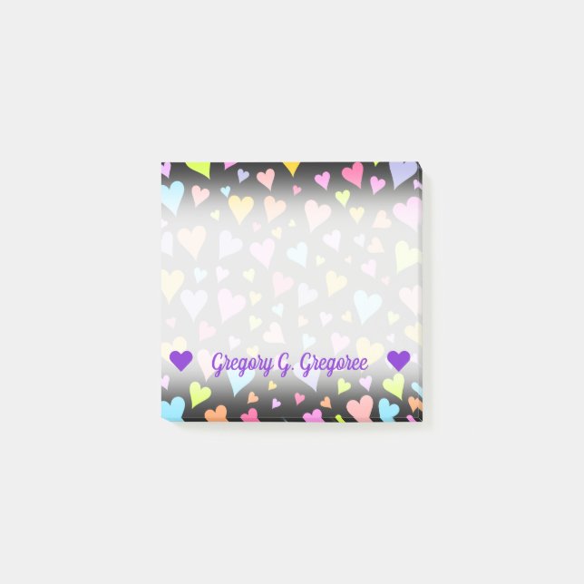 Custom Name; Fun, Loving, Colourful Hearts Pattern Post-it Notes (Front)