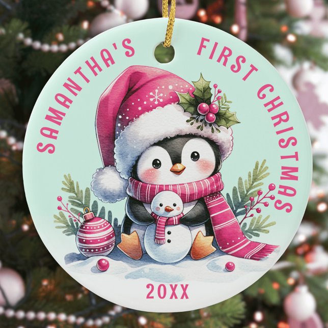 Custom Name Fun Penguin Pink Mint First Christmas Ceramic Ornament (Creator Uploaded)