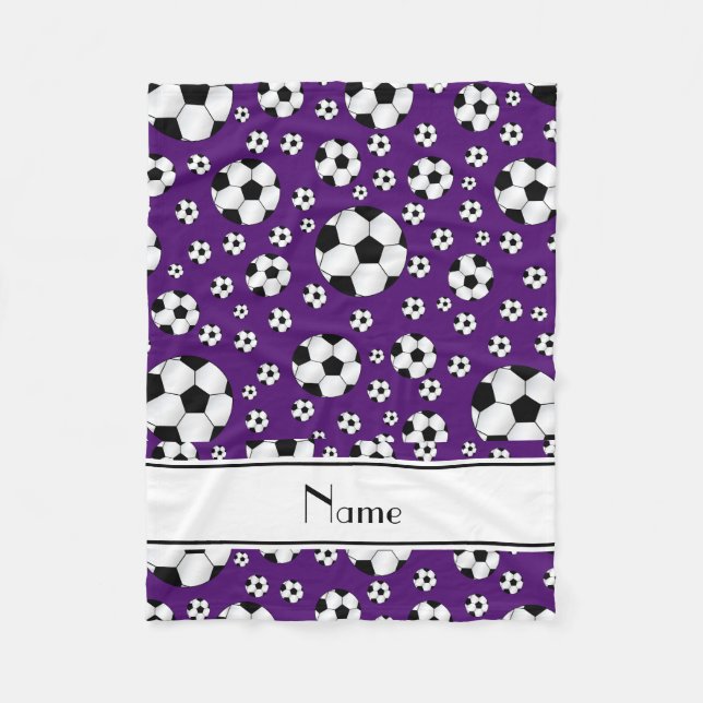 Custom name fun purple soccer balls white stripe fleece blanket (Front)