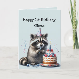 Custom Name Fun Racoon 1st Birthday Card
