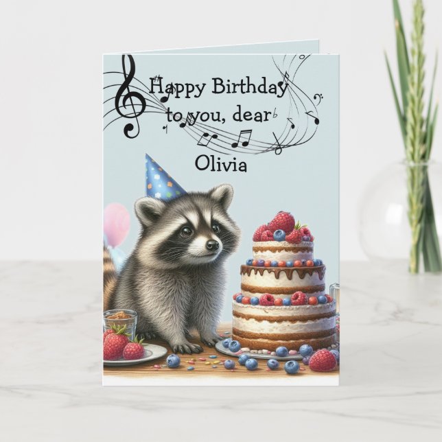 Custom Name Fun Racoon Birthday Cake  Card (Front)