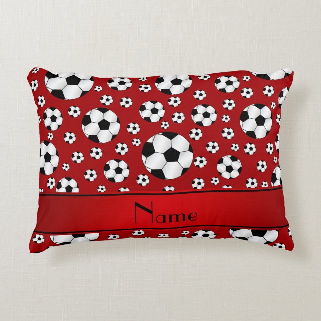 Custom name fun red soccer balls red stripe decorative cushion (Front)