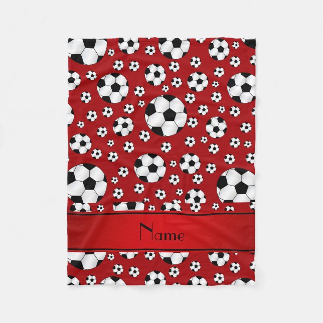 Custom name fun red soccer balls red stripe fleece blanket (Front)