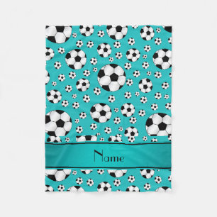 Custom name fun turquoise soccer balls and stripe fleece blanket