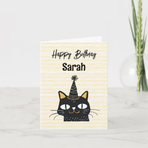 Custom Name Funny Black Cat Happy Birthday Card